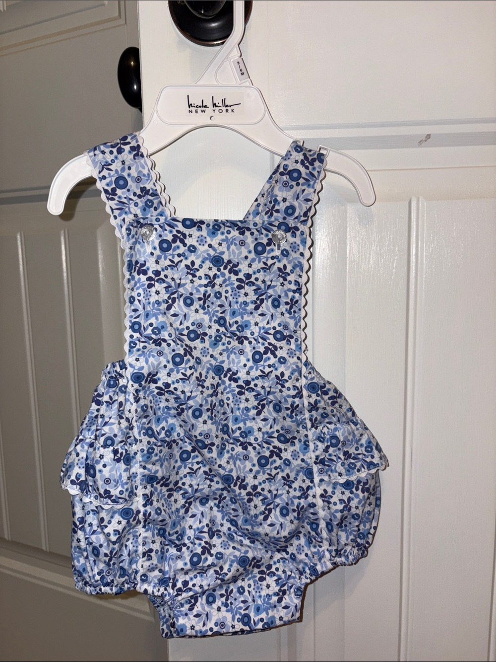 Little English Blue Floral Bubble Romper with Ruffle Tiers